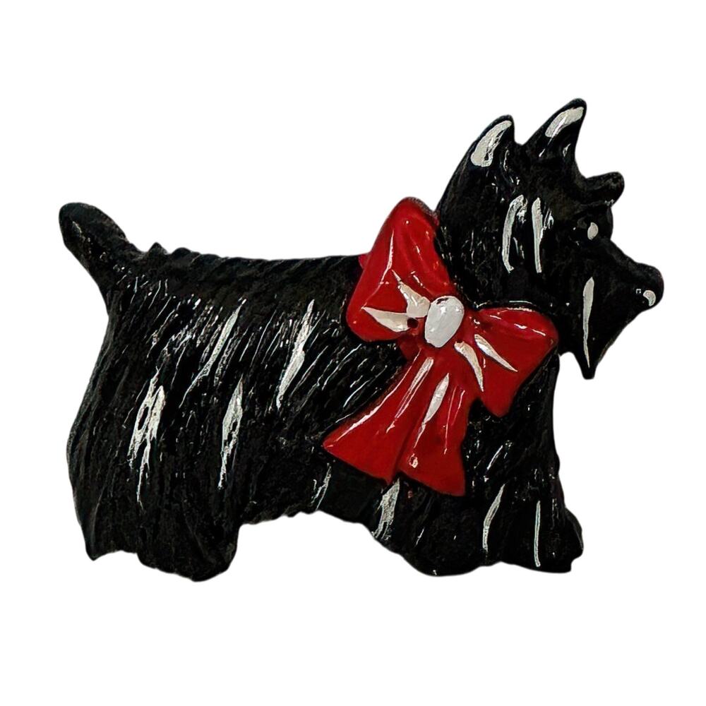 Vintage Black Scottie Dog Pin Brooch Red Bow Scottish Terrier Jewelry